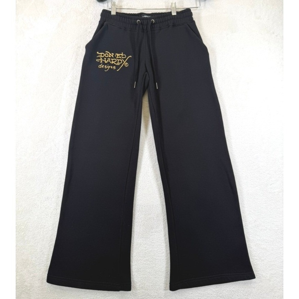 Ed Hardy Tiger Graphic Sweatpants Black Wide Leg Womens XS Retro Gold Foil Y2K - Picture 2 of 12